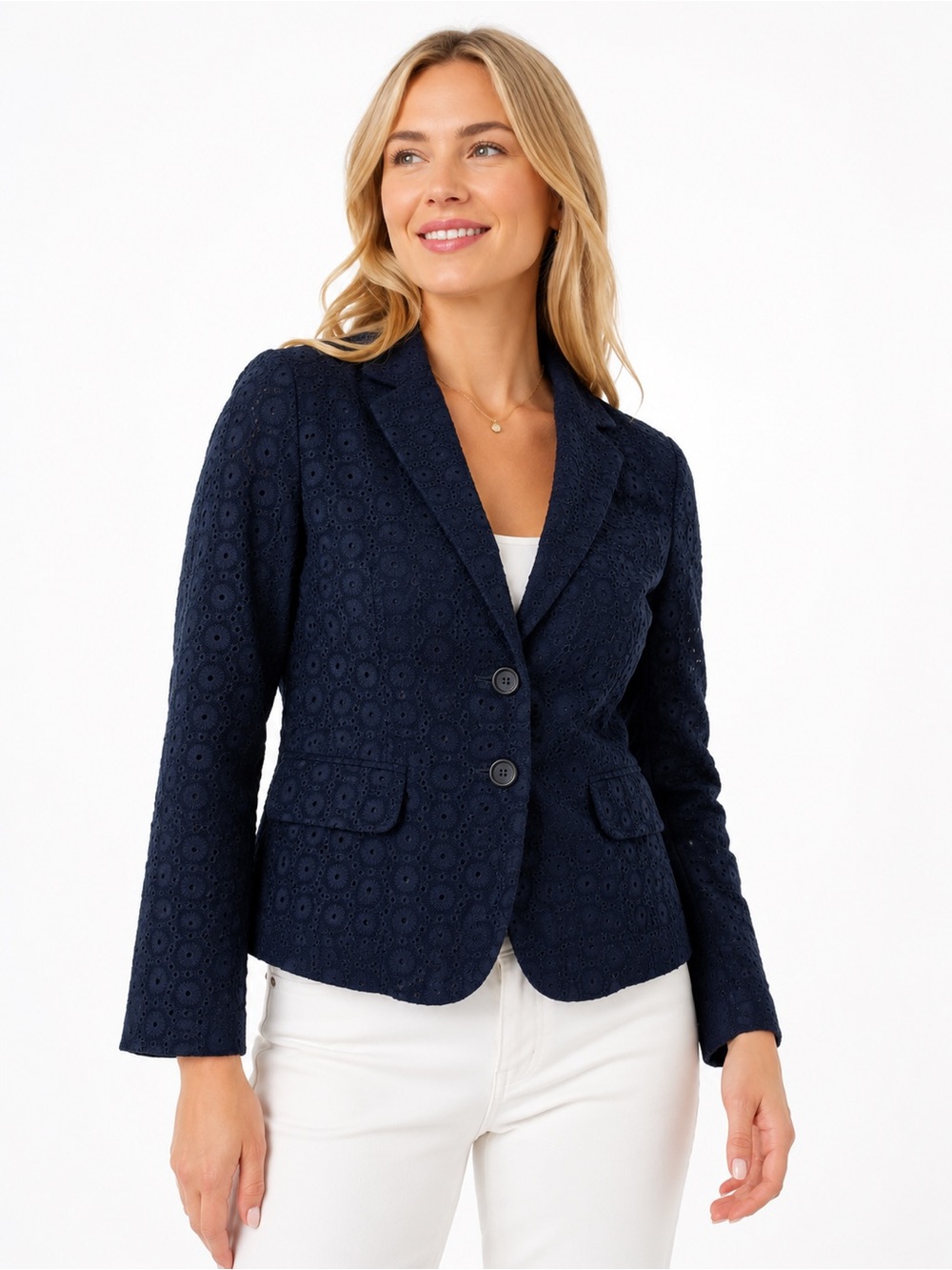 Cynthia Rowley Navy Eyelet Cotton Blazer Jacket Small Lined Preppy
